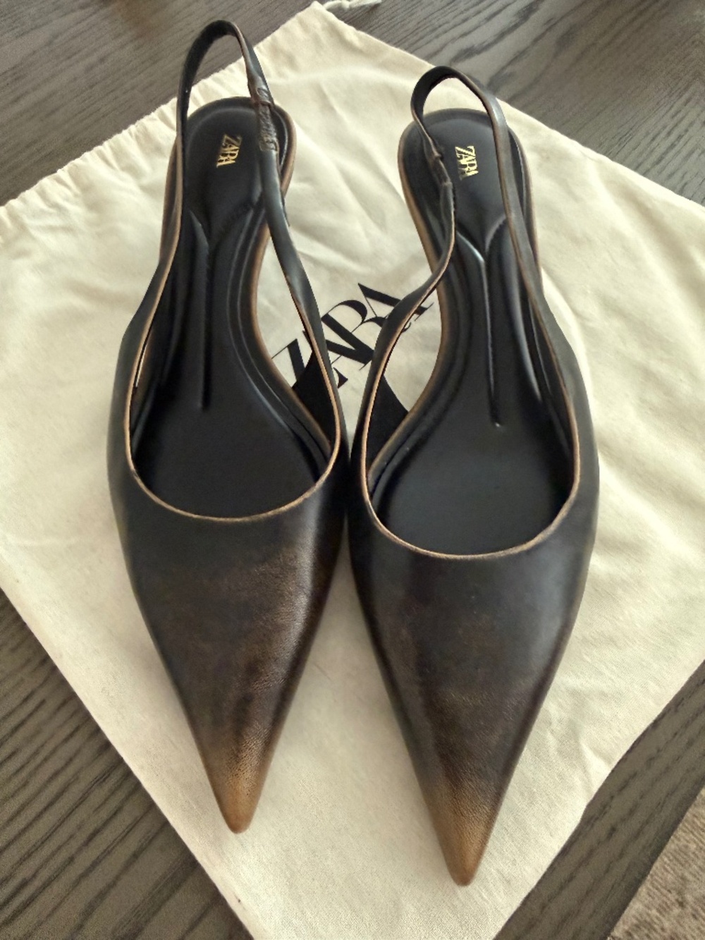 Zara Distressed Bronzed Washed Kitten Heels | Size 8